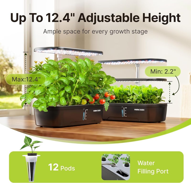 SUNCOZE Hydroponics Growing System Kit 12 Pods, Indoor herb Garden with 20W LED Grow Light, Visible Water Tank with Pump, 2.2"-12.4" Adjustable Height Indoor Gardening System, Gardening Gifts, Black - Image 4
